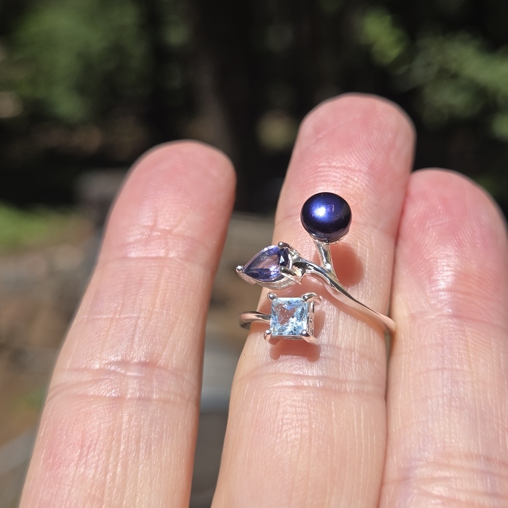 Blue Topaz Lolite & Natural Pearl Ring Sz6.5 Adjustable - Picture 9 of 9
